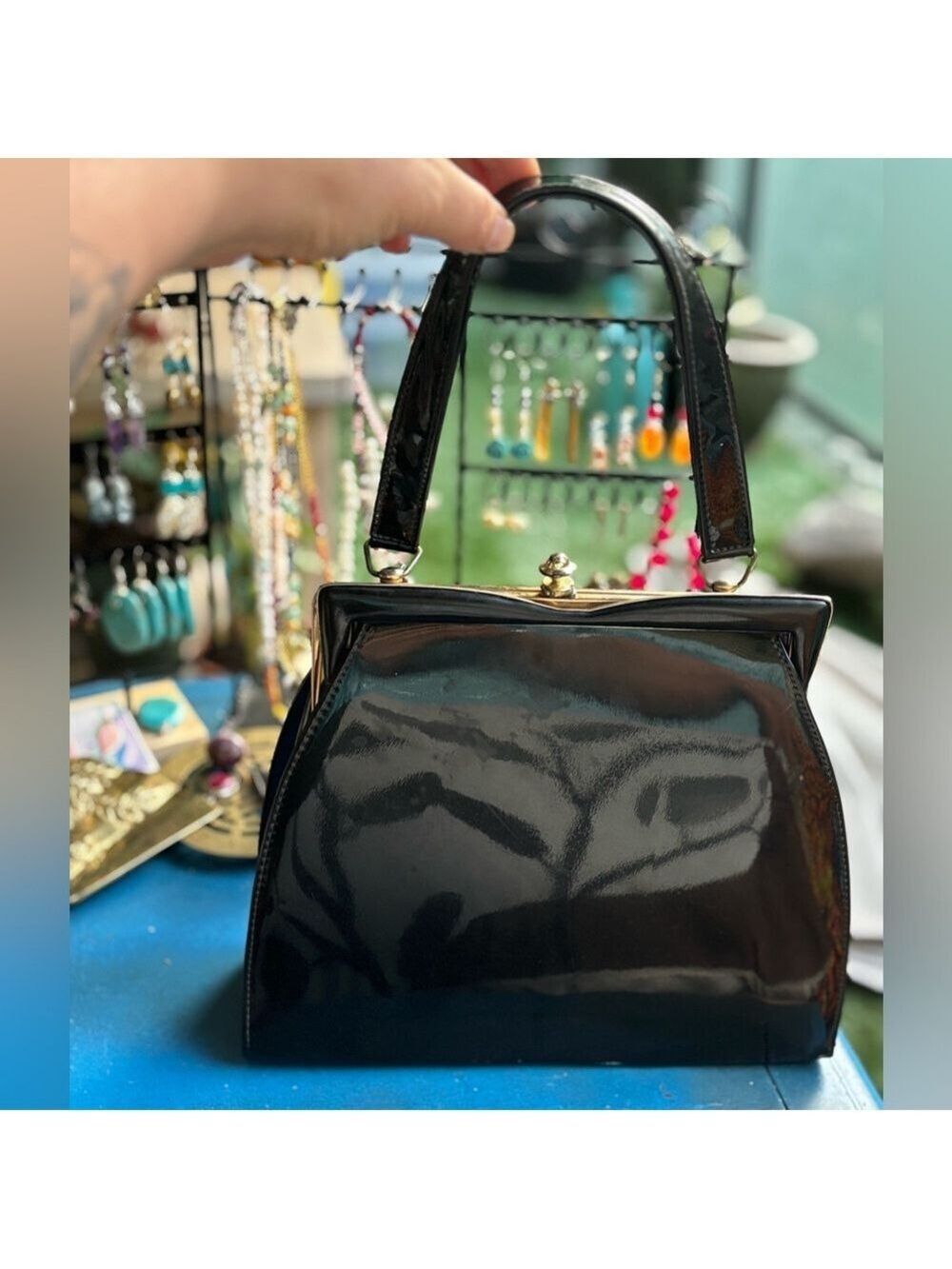 VINTAGE 1950’s Est Elegant Mod Black Shiny Faux Leather Handbag Clutch Women